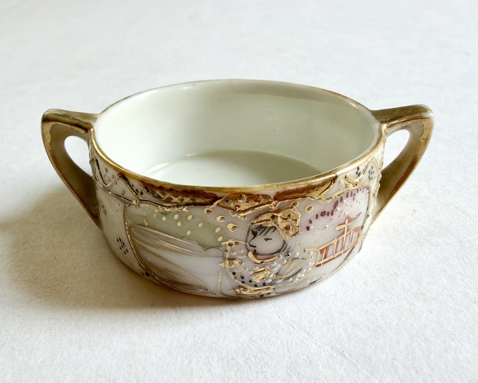 Antique Royal Satsuma Nippon Hand Painted Miniature Trinket Dish Double Handles