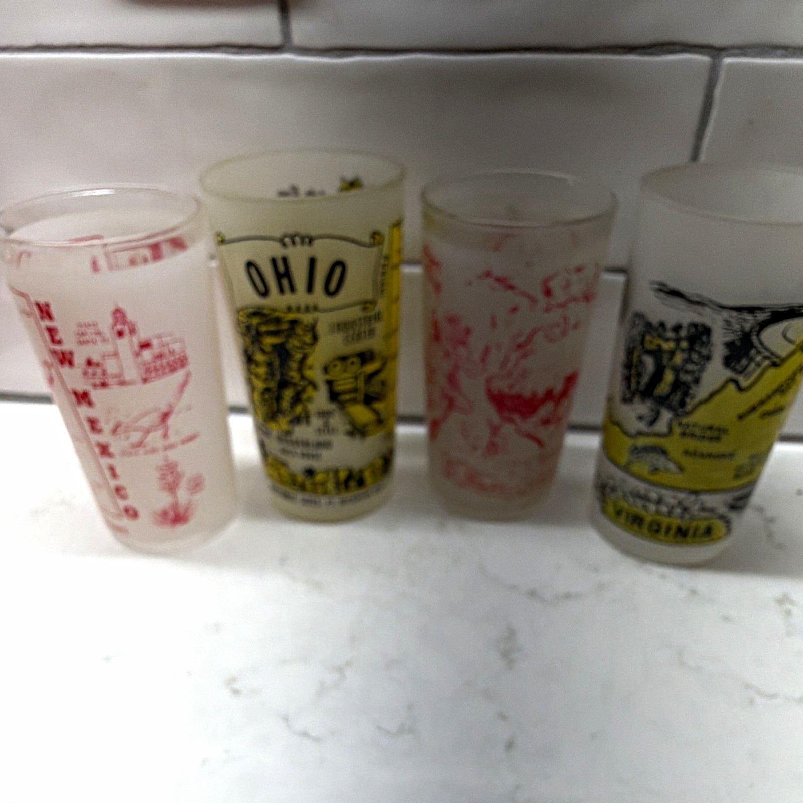 Vtg Hazel Atlas Frosted State Souvenir Glasses Lot 4 New Mexico Ohio SD Virginia