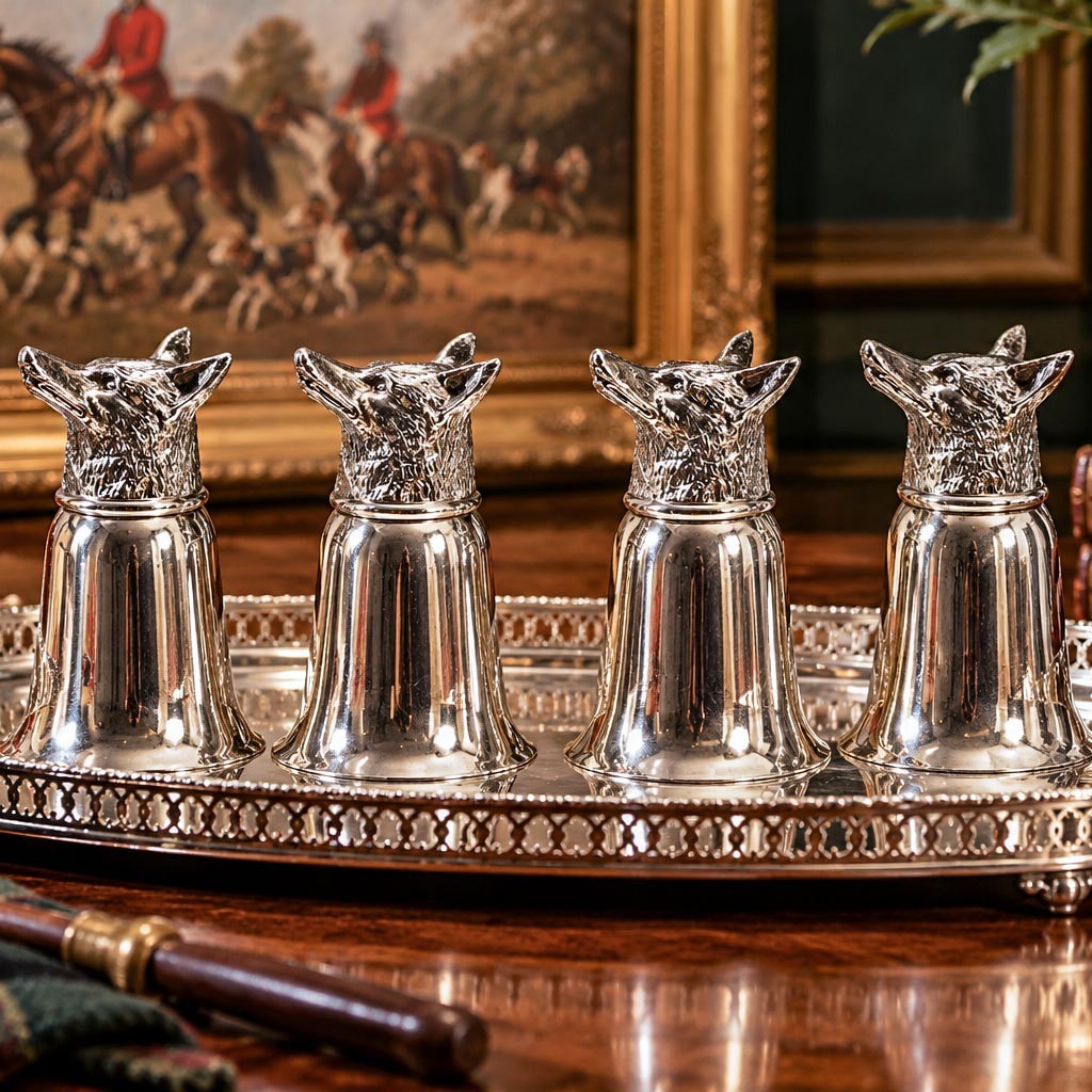 Lovely Set (4) Vintage Fox Hunting Theme Metal Stirrup Cups Equestrian Barware Lovely Set (4) Vintage Fox Hunting Theme Metal Stirrup Cups Equestrian Barware