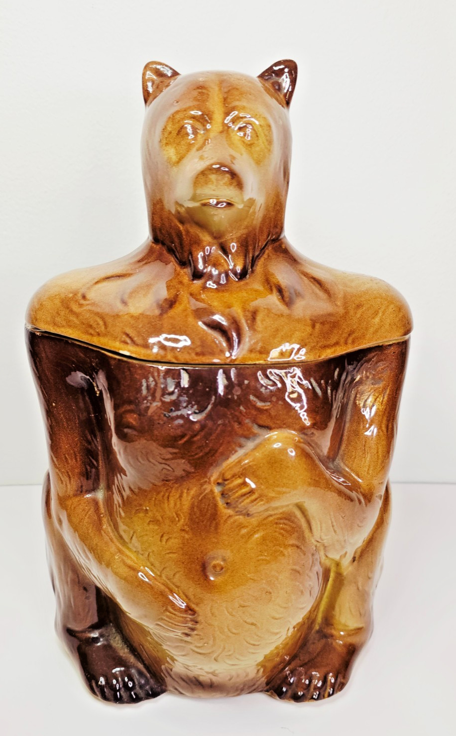 Vintage F.A.P. Co Brown Bear Cookie Jar w/ Lid Ceramic Pottery 1950s MCM Rustic