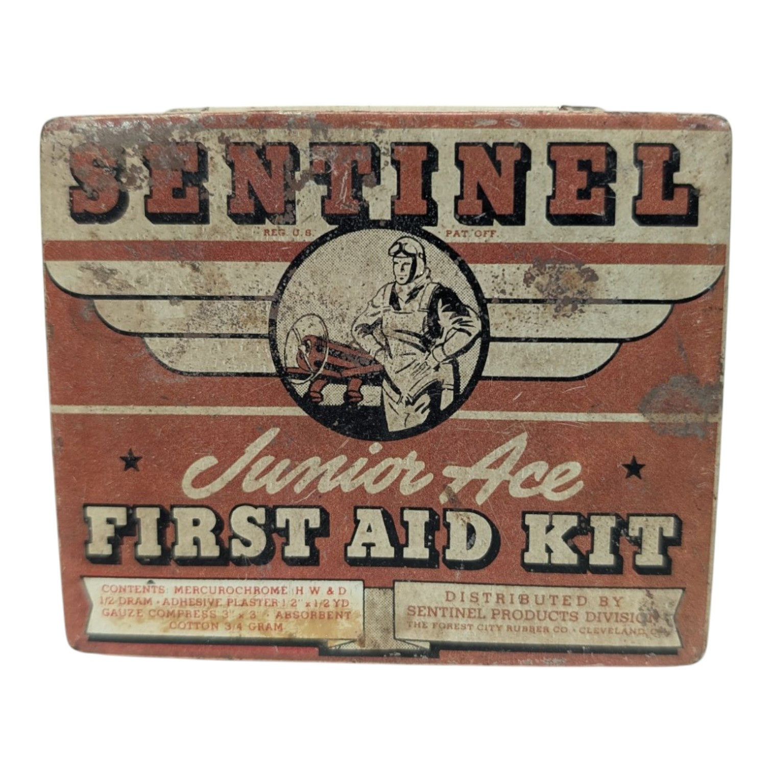 Vintage Sentinel Junior Ace First Aid Kit Tin Box Contents WWII Airplane Vintage Sentinel Junior Ace First Aid Kit Tin Box Contents WWII Airplane