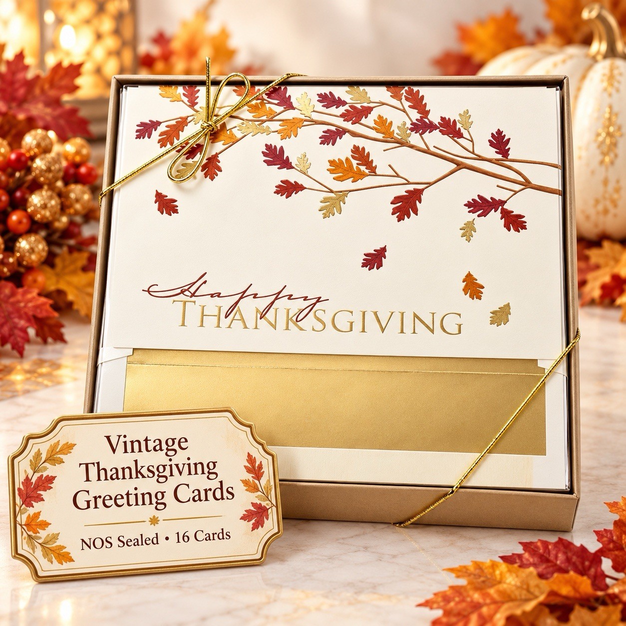 VTG NEW Century Thanksgiving 16 Large Greeting Cards Cards & Gold Foil Envelopes