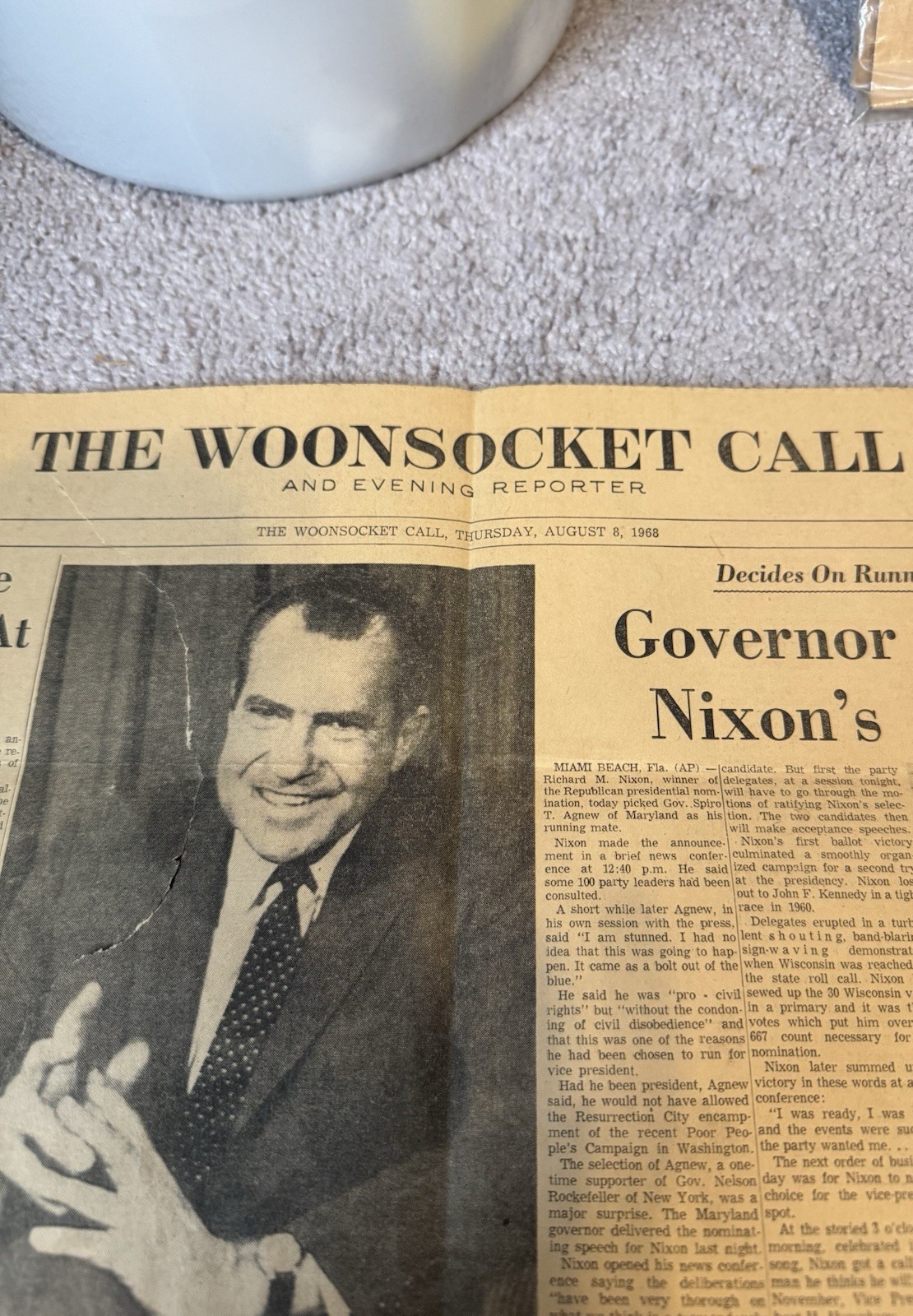 Vintage Original August 8, 1968 Woonsocket Call Newspaper Cover Page Nixon Vintage Original August 8, 1968 Woonsocket Call Newspaper Cover Page Nixon