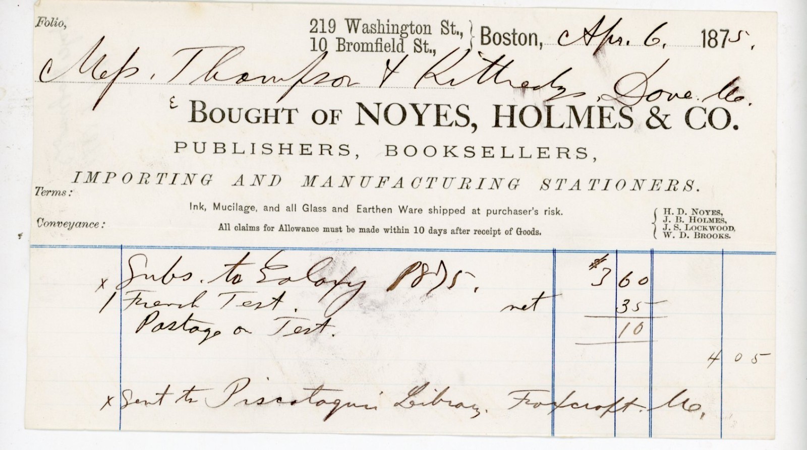 1875 Antique Receipt Noyes Holmes & Co Boston Booksellers Piscataquis Library ME 1875 Antique Receipt Noyes Holmes & Co Boston Booksellers Piscataquis Library ME