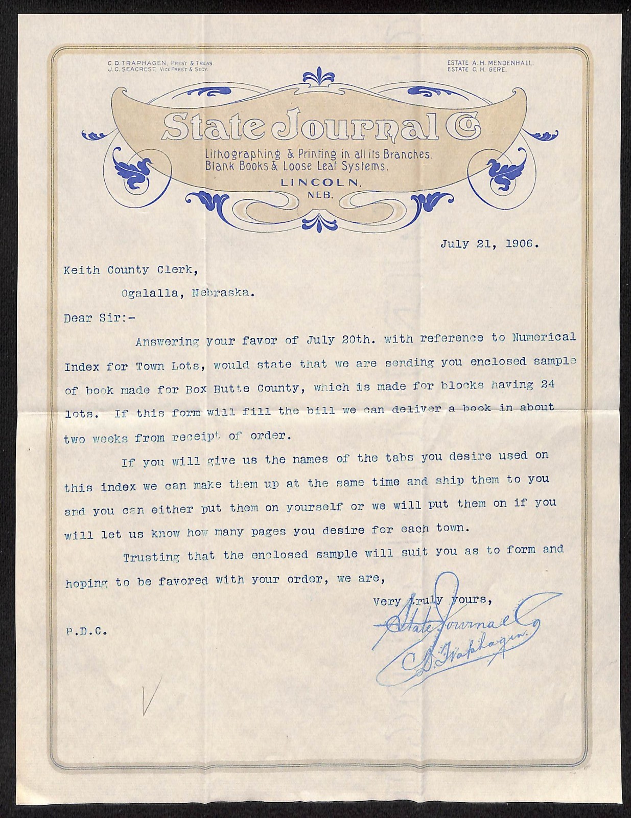 1906 State Journal Co. Lincoln, NE Litho Printers TLS Letterhead re: Town Lots