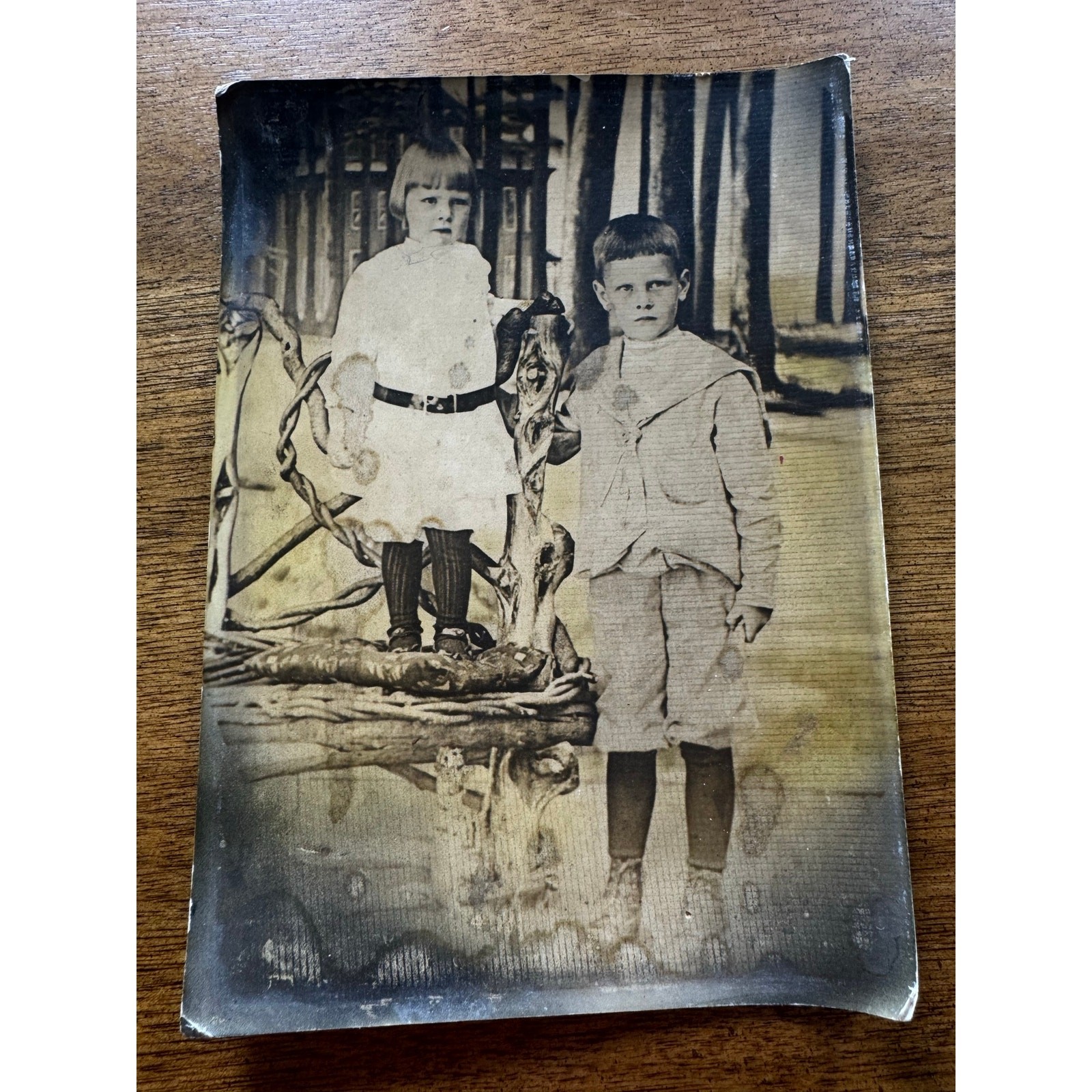 Antique Photo Boys Rustic Twig Wood Chair Bench Folk Art Furniture Oddity