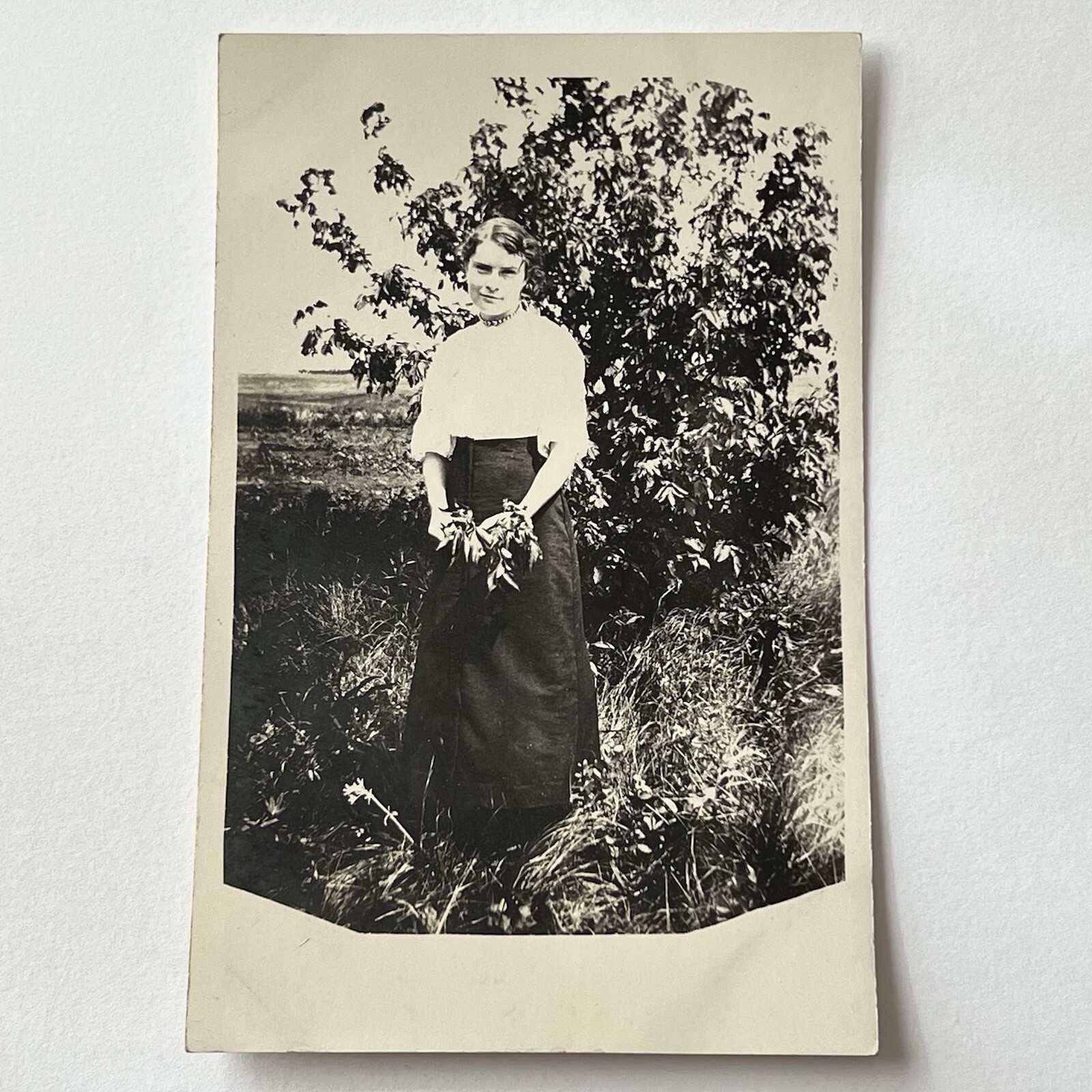 Antique RPPC Real Postcard Photograph Beautiful Young Woman Holding Leaves