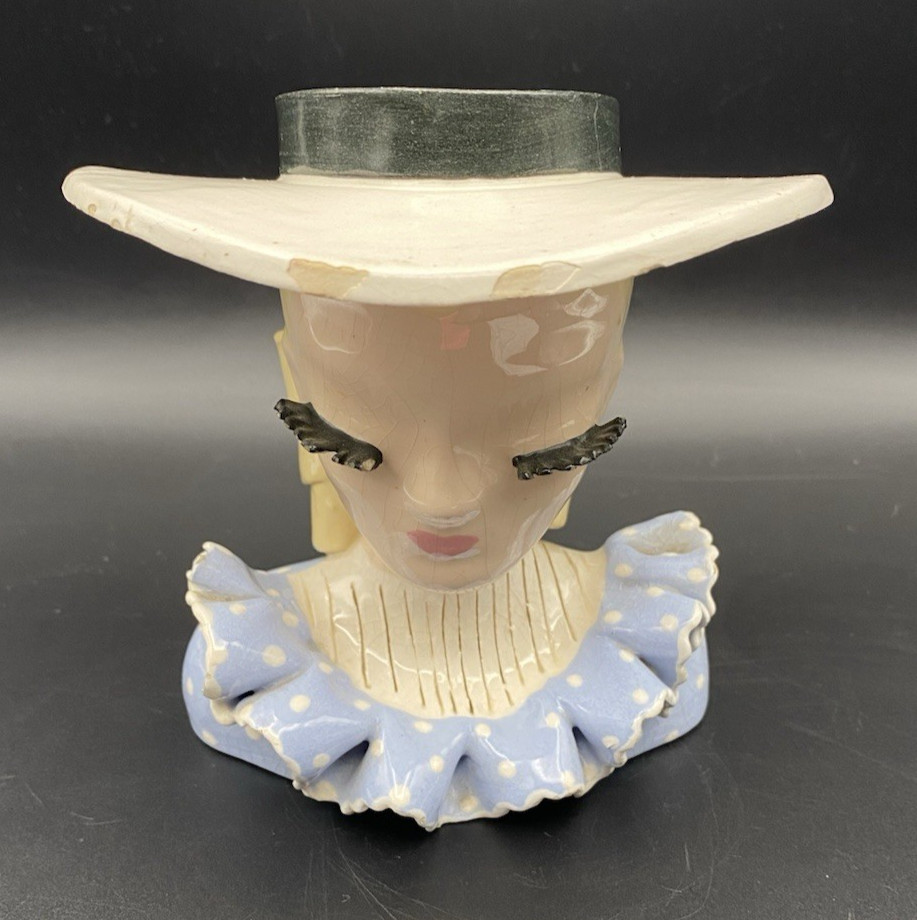 Vintage Valerie by Betty Lou Lady Woman Blue Dot Ruffle Head Vase Planter Rare