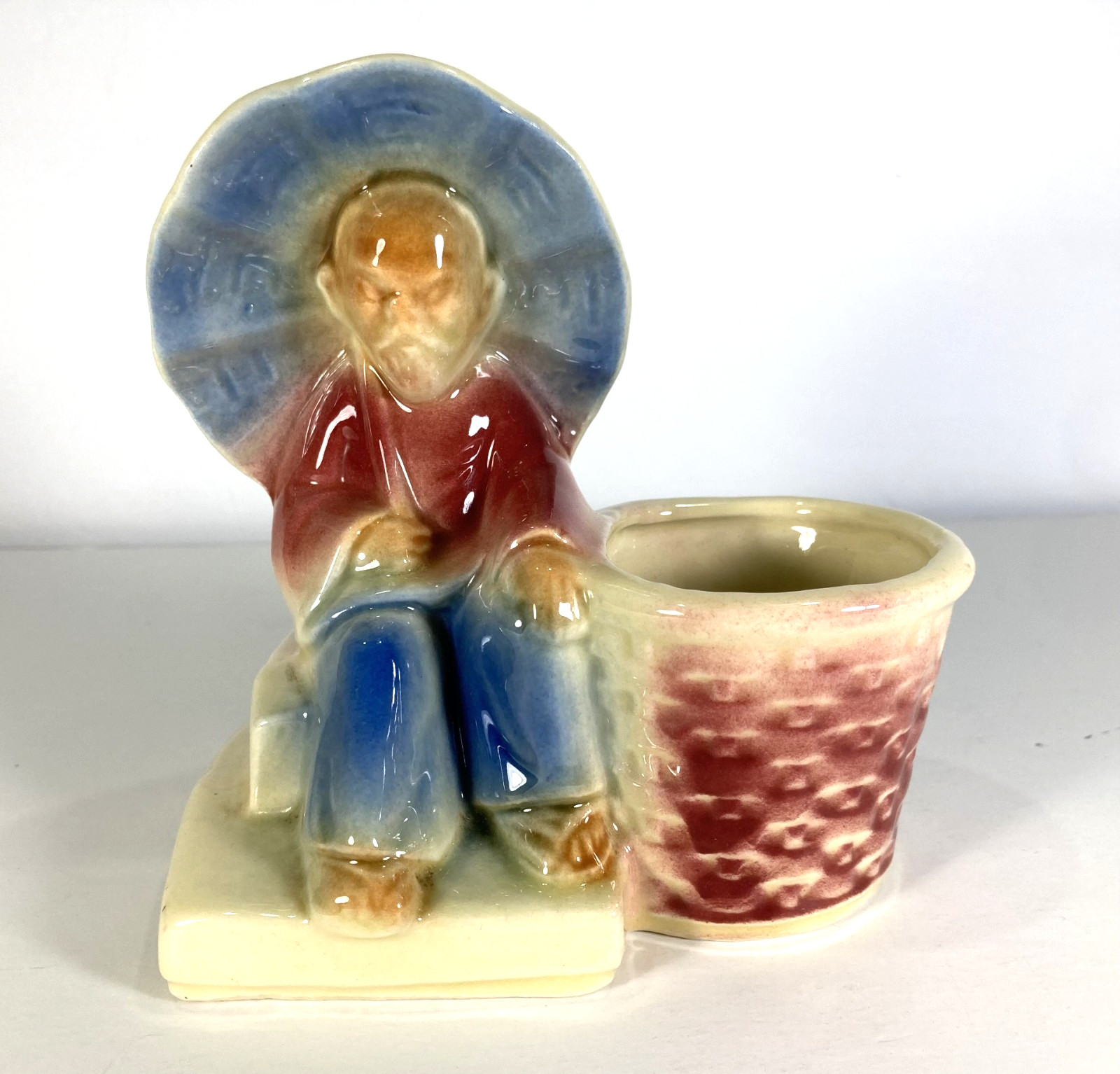 Vintage Asian Man with Umbrella & Basket Planter - USA Pottery Shawnee 617 - EUC