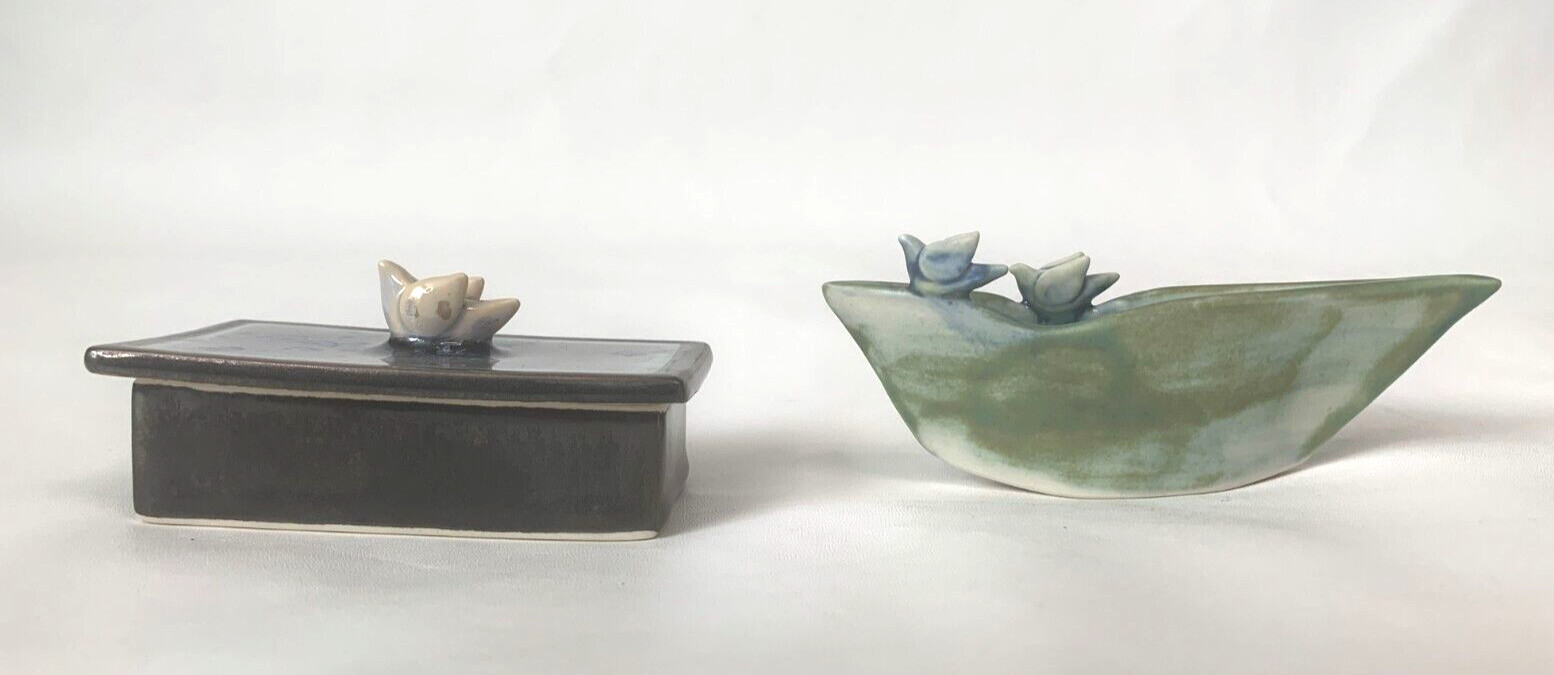 Studio Art Pottery Trinket Box w/ Lid & Bowl w/Miniature Birds Signed Helen Byon