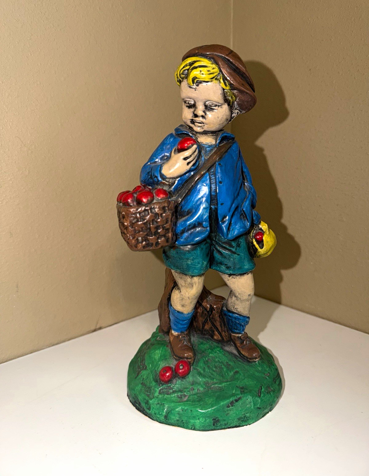 Antique 1930s-1940s Boy w/Basket of Apples Statue Great Condition Original Paint