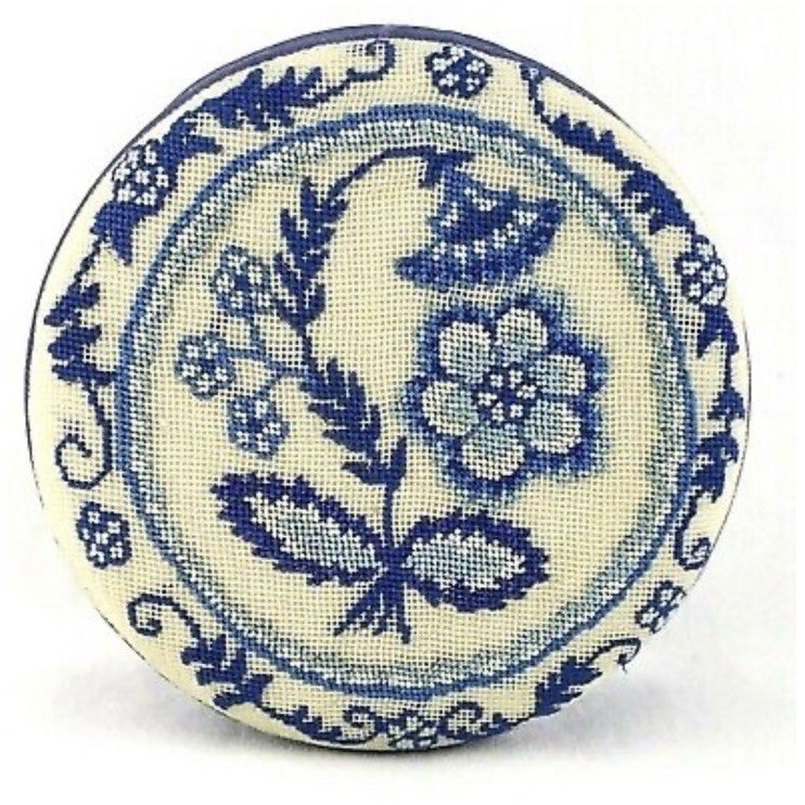 Vintage Fetco Needle Work Fabric Trinket Box Blue Cream Floral Mother\'s Day EC