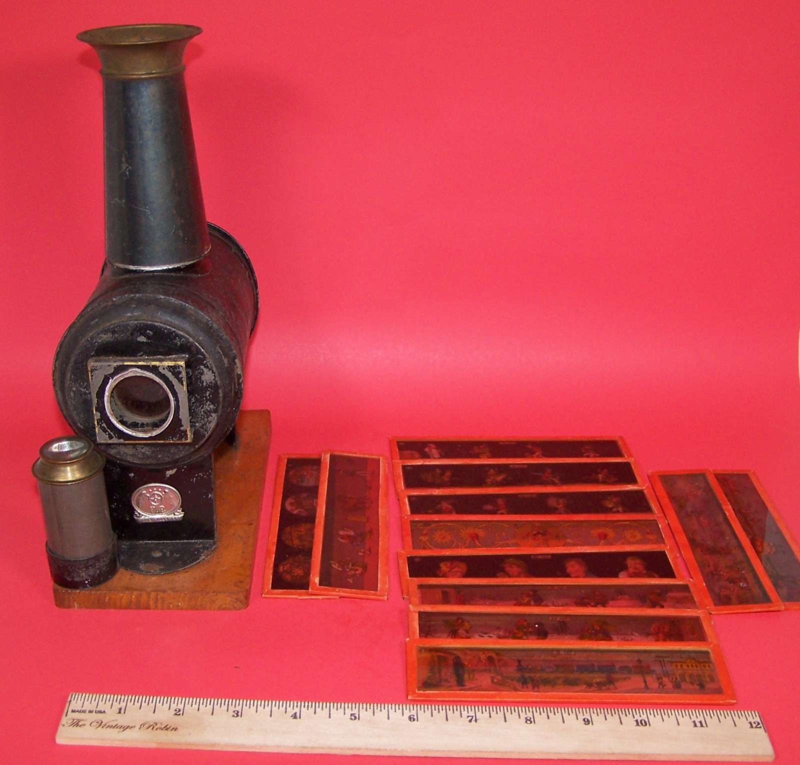 Antique ca.1890 Ernst Plank Tin Toy Magic Lantern Projector w Slides