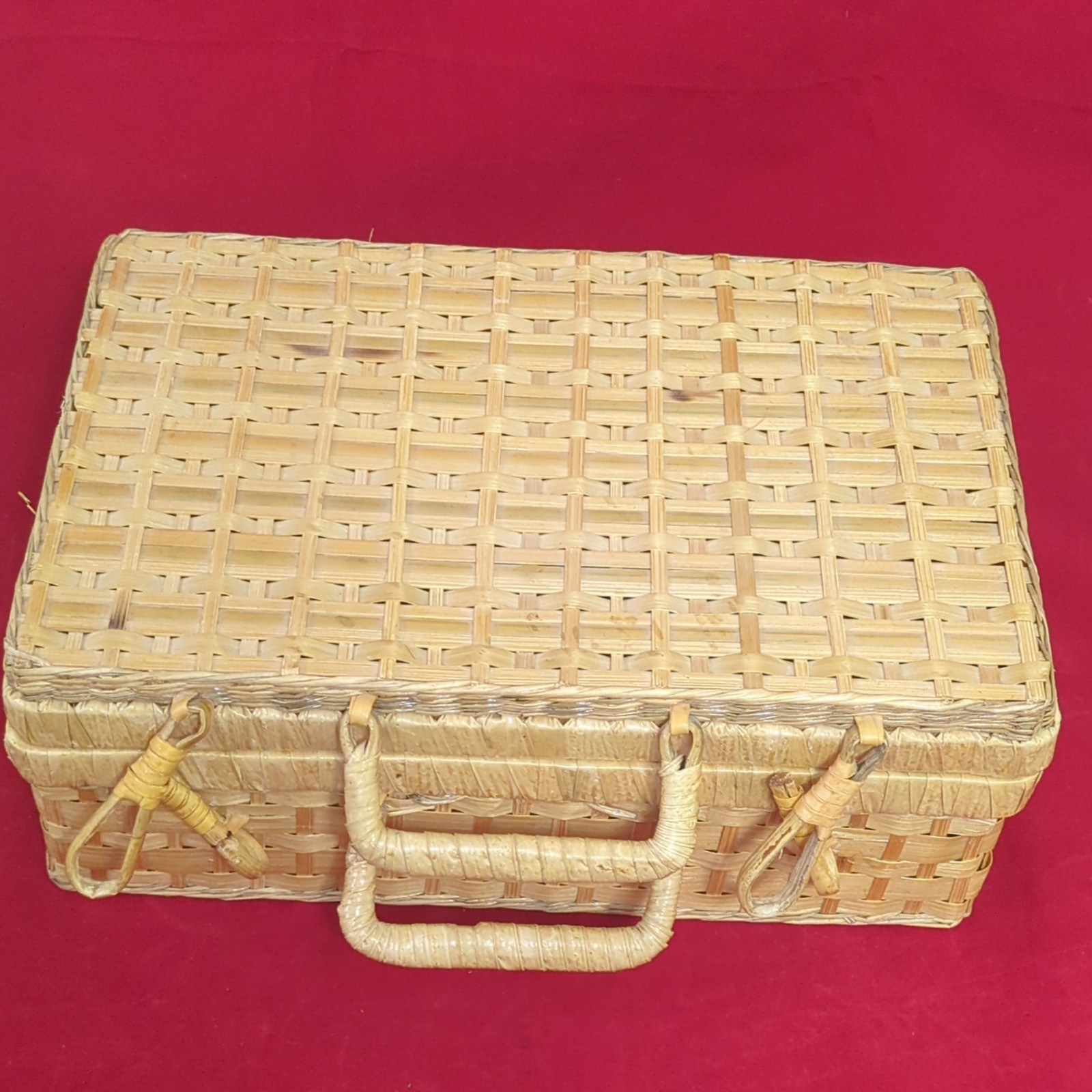 Vintage Woven Wicker Rattan Boho Suitcase Basket Valise with Lid & Handle, 12 in
