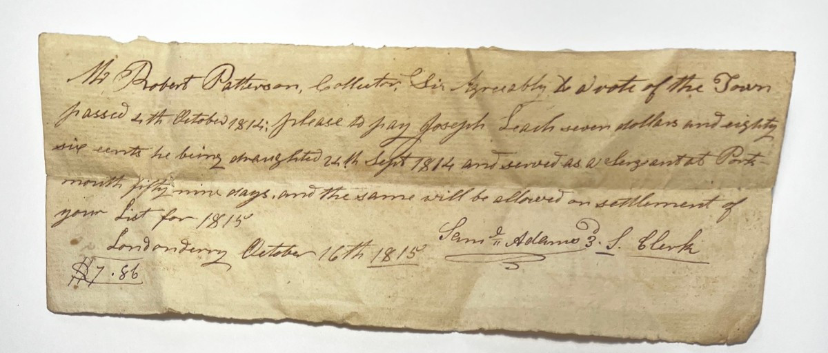 War of 1812 Draft Pay Document Revolutionary War New Hampshire Antique Sam Adams