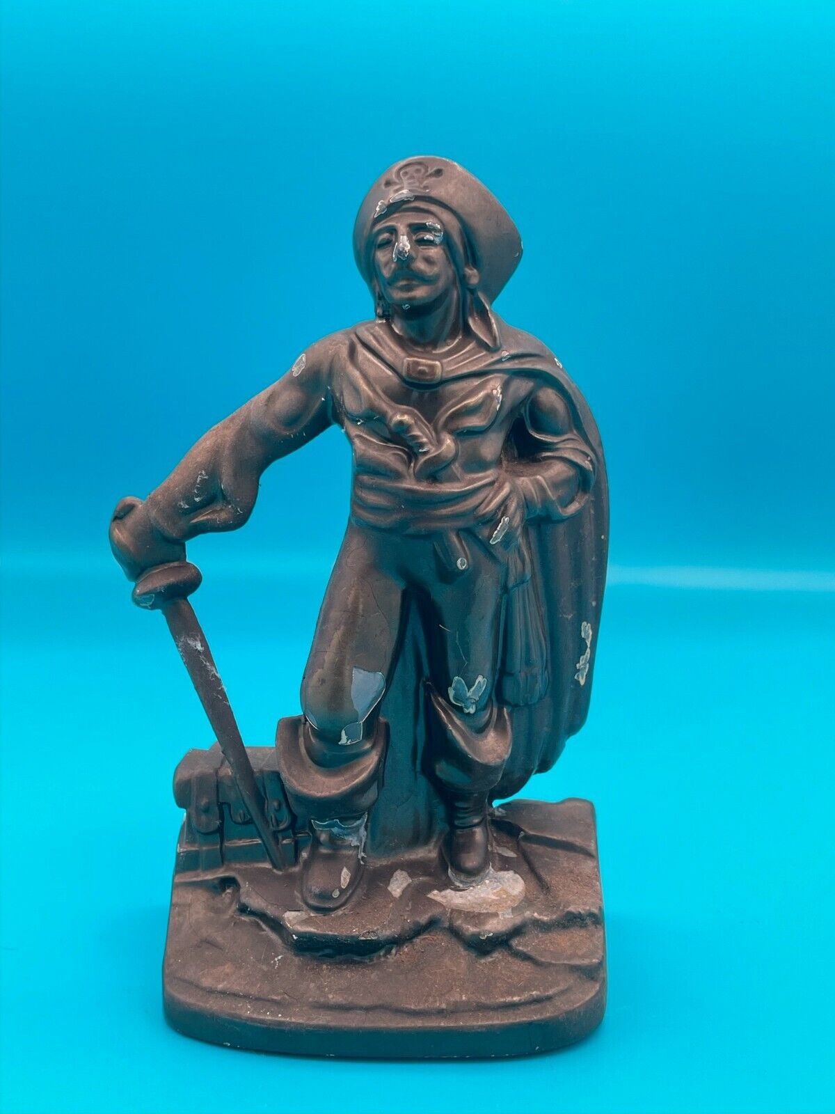 Vintage Bronze/Metal Pirate w/ Treasure Chest Figurine Statue