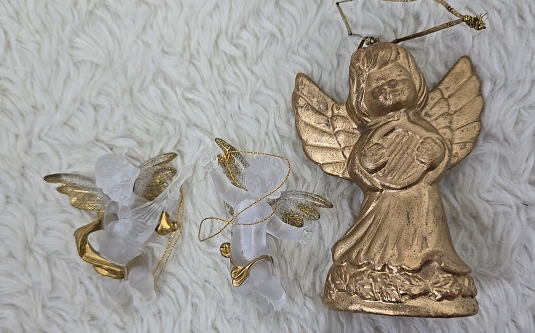 Vintage Clay Angel Ornament Playing The Lute w/ 2 Frosted Glass Cherub Ornaments