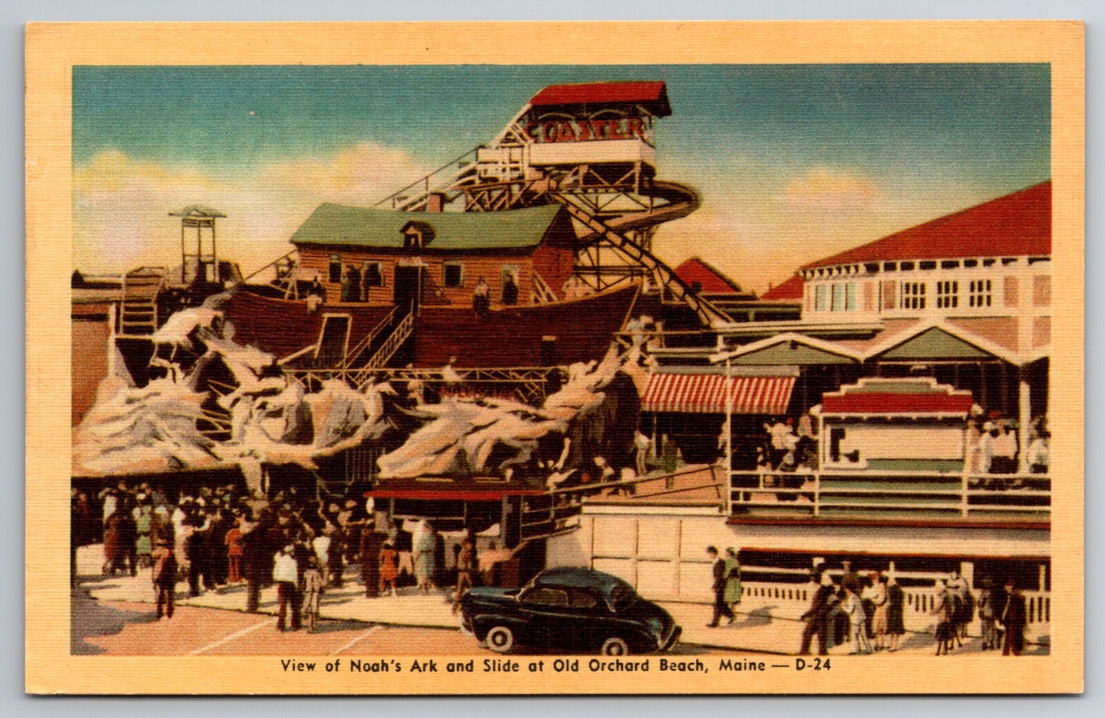 ME, Old Orchard Beach, Noah\'s Ark and Slide, Old Car, Vintage Postcard ME, Old Orchard Beach, Noah\'s Ark and Slide, Old Car, Vintage Postcard