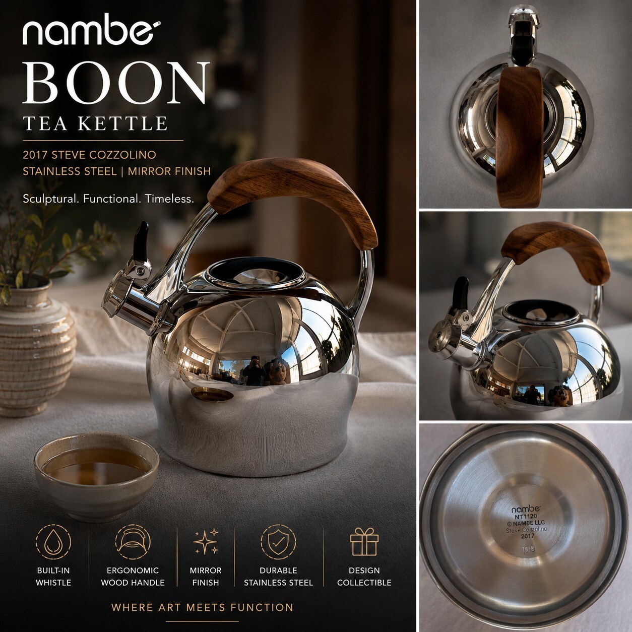 Nambe “Boon” Tea Kettle, 2017 Steve Cozzolino, stainless Steel Mirror Finish. Nambe “Boon” Tea Kettle, 2017 Steve Cozzolino, stainless Steel Mirror Finish.