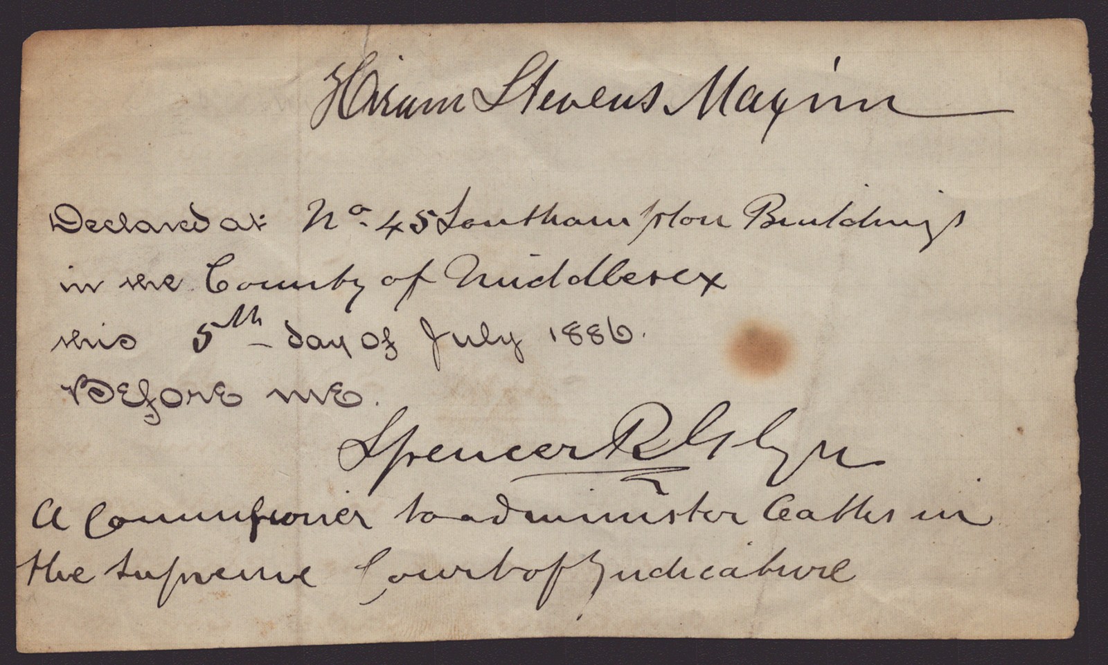 SIR HIRAM STEVENS MAXIM - MANUSCRIPT DOCUMENT SIGNED 07/05/1886