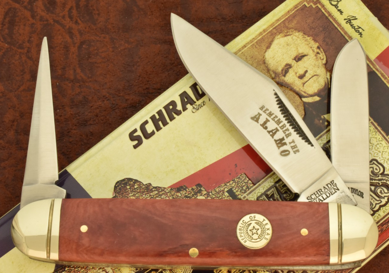 SCHRADE WALDEN REMEMBER THE ALAMO SMOOTH RED BONE CIGAR CATTLE STOCKMAN KNIFE