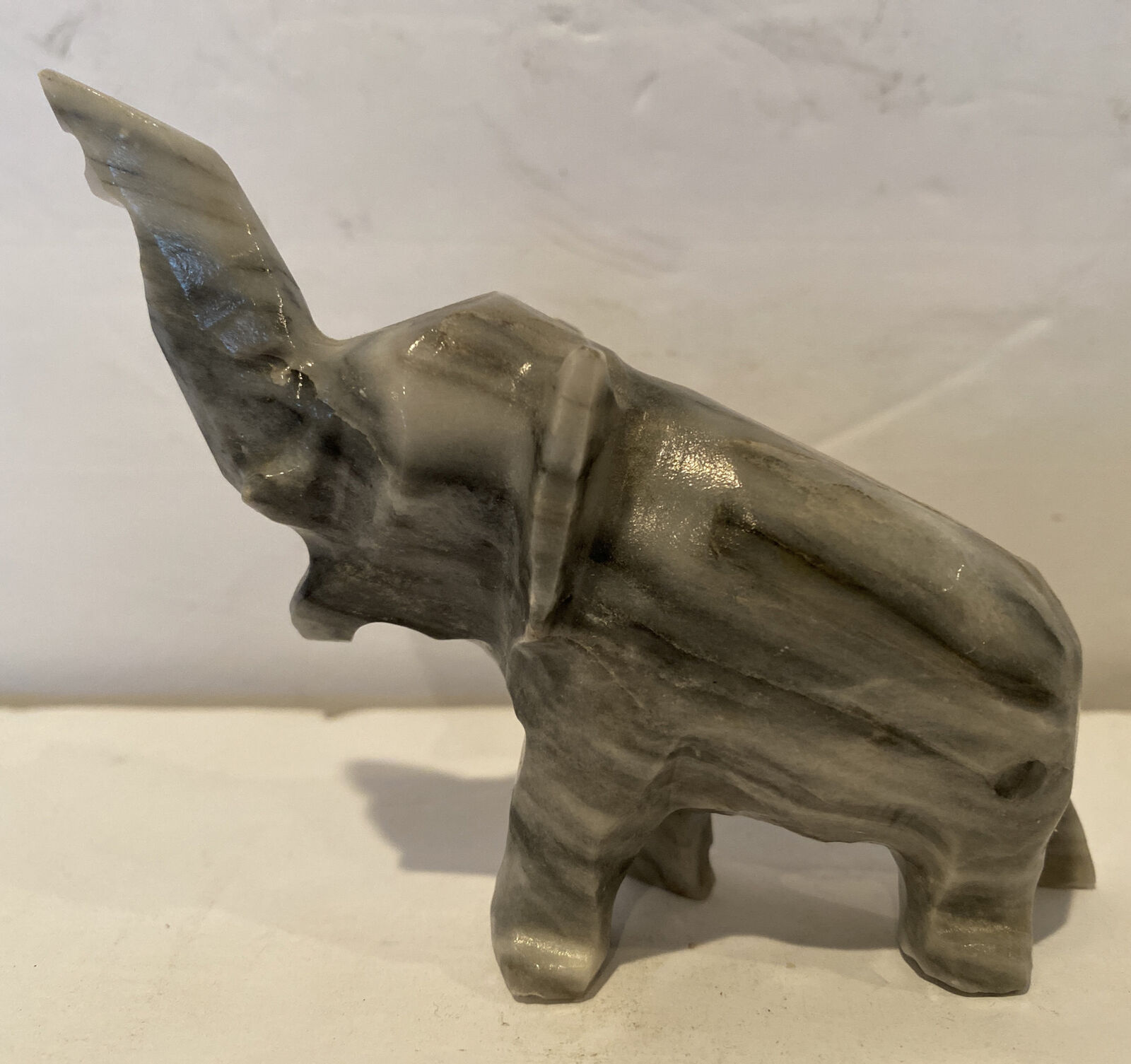 Marble Stone Carved Elephant Figurine Gray & White Stripes 4” Long Beautiful