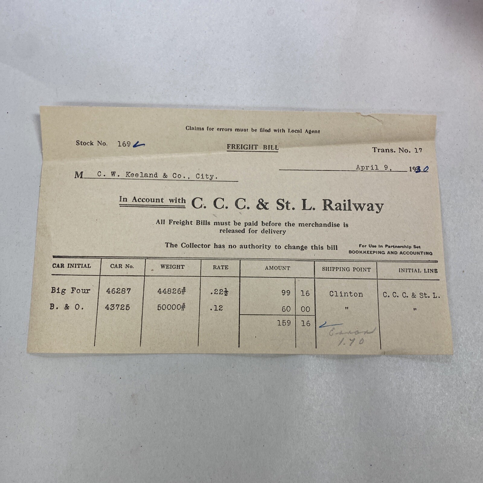 C. C. C. & St. L. Railway - Freight Bill, 1930 - Vintage Euphemera