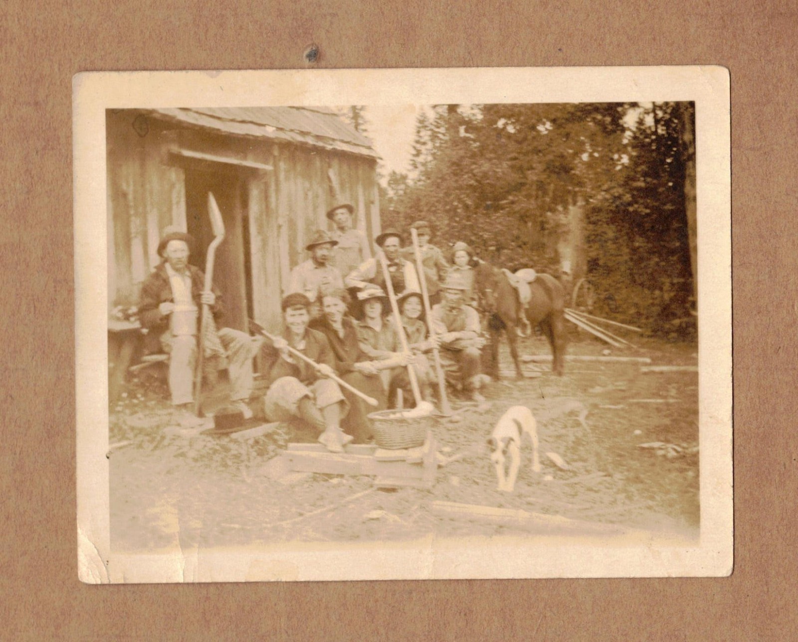 1915 Photo of a Family and Horse by an Old Cabin