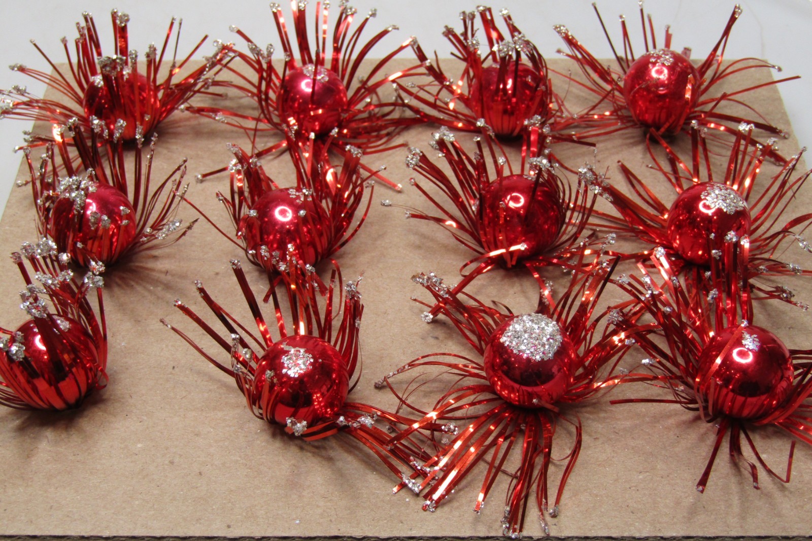 Lot VTG Glass Corsage Tinsel Glitter RED FLOWER Picks Christmas Ornaments Japan