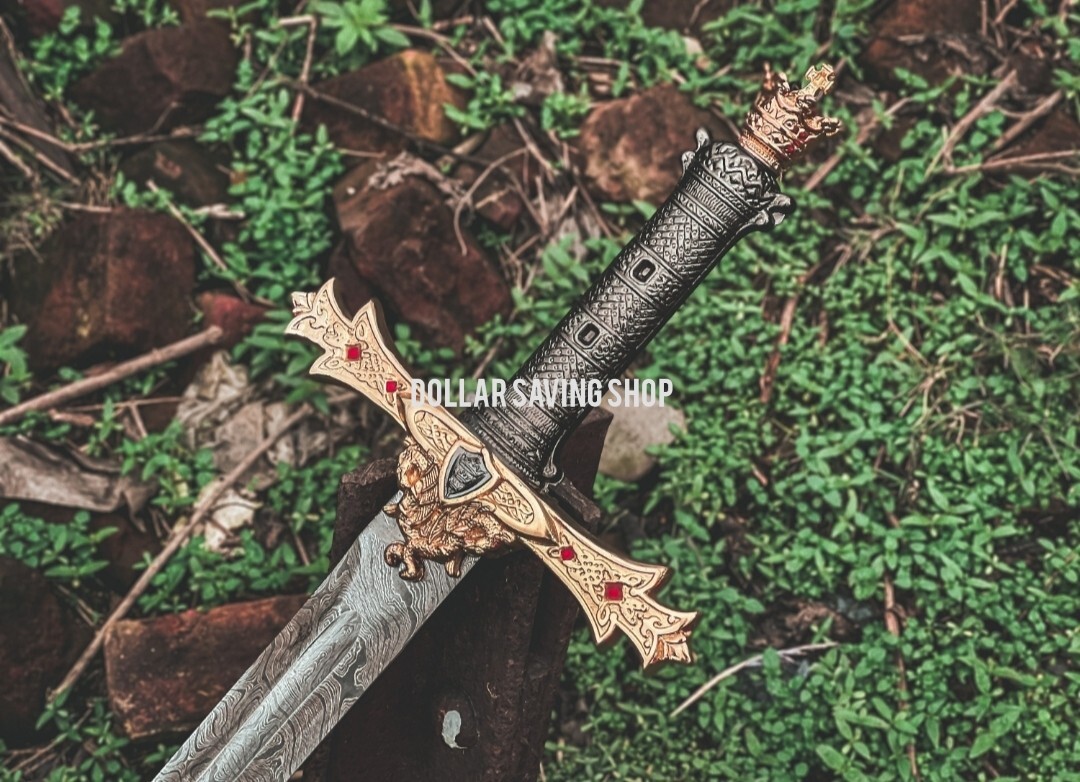 Unique Handmade Knights / Excalibur / Crown Sword with Leather Sheath.