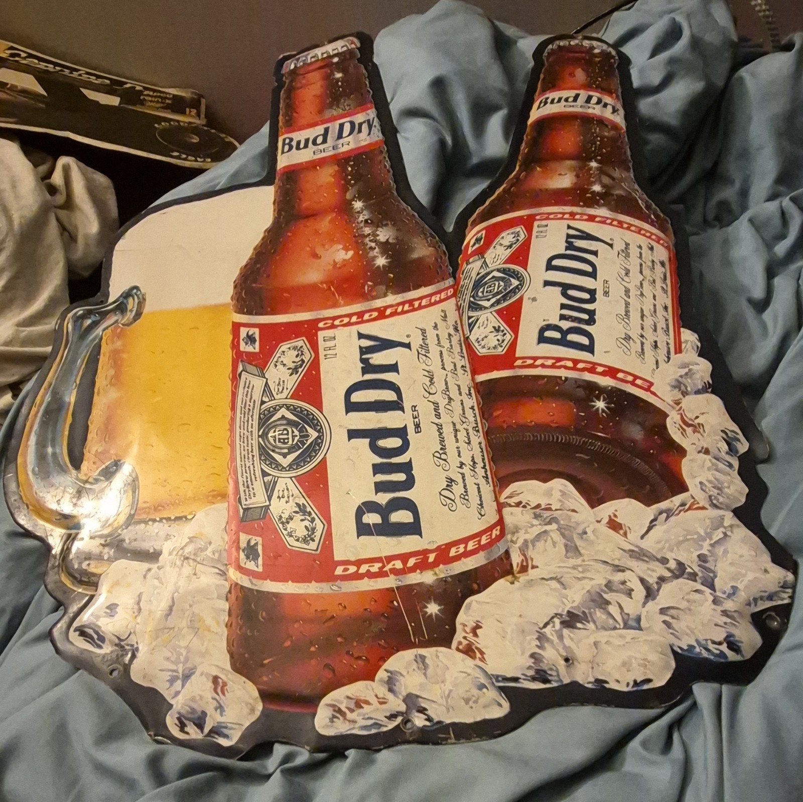 Budweiser Bud Dry Draft Beer Bottle & Mug Die-Cut Metal Sign Breweriana