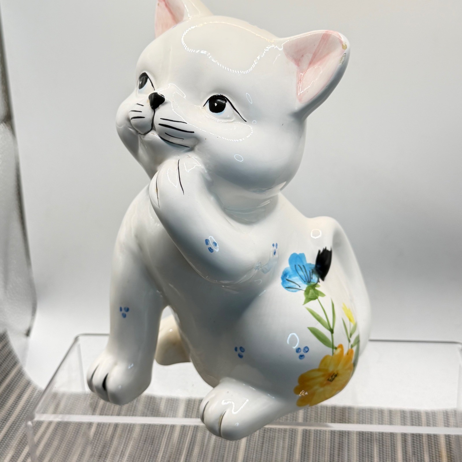 Vintage White Ceramic Cat Coin Bank Hand Painted Floral Glossy 7\