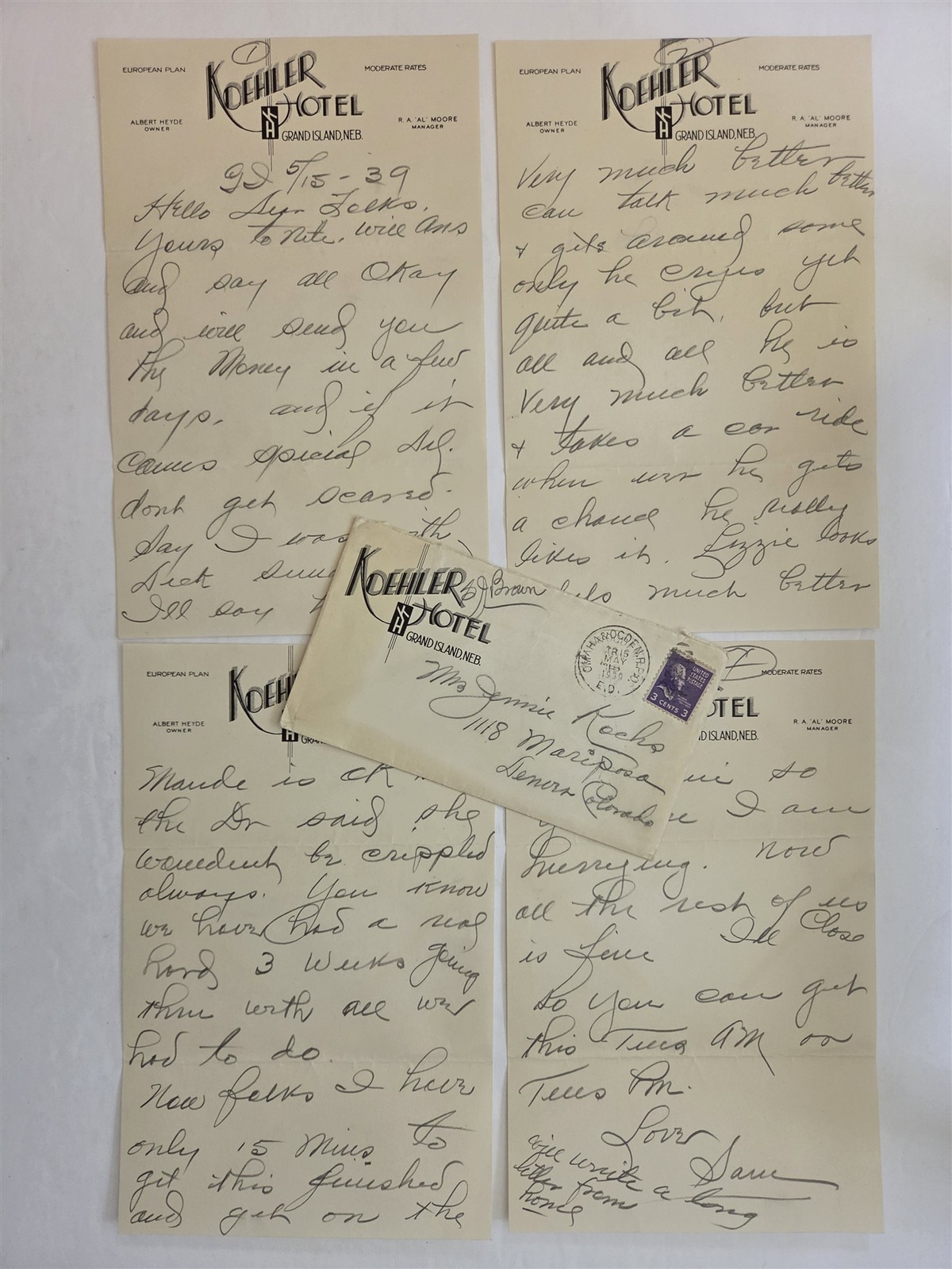 1939 antique KOEHLER HOTEL grand island nb LETTERHEAD ENV hospital ill recover
