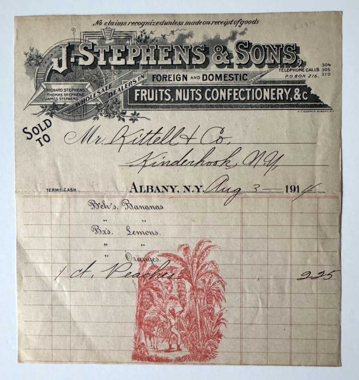 Vintage 1914 Billhead Albany NY J Stephens & Sons Fruits Nuts Confectionery