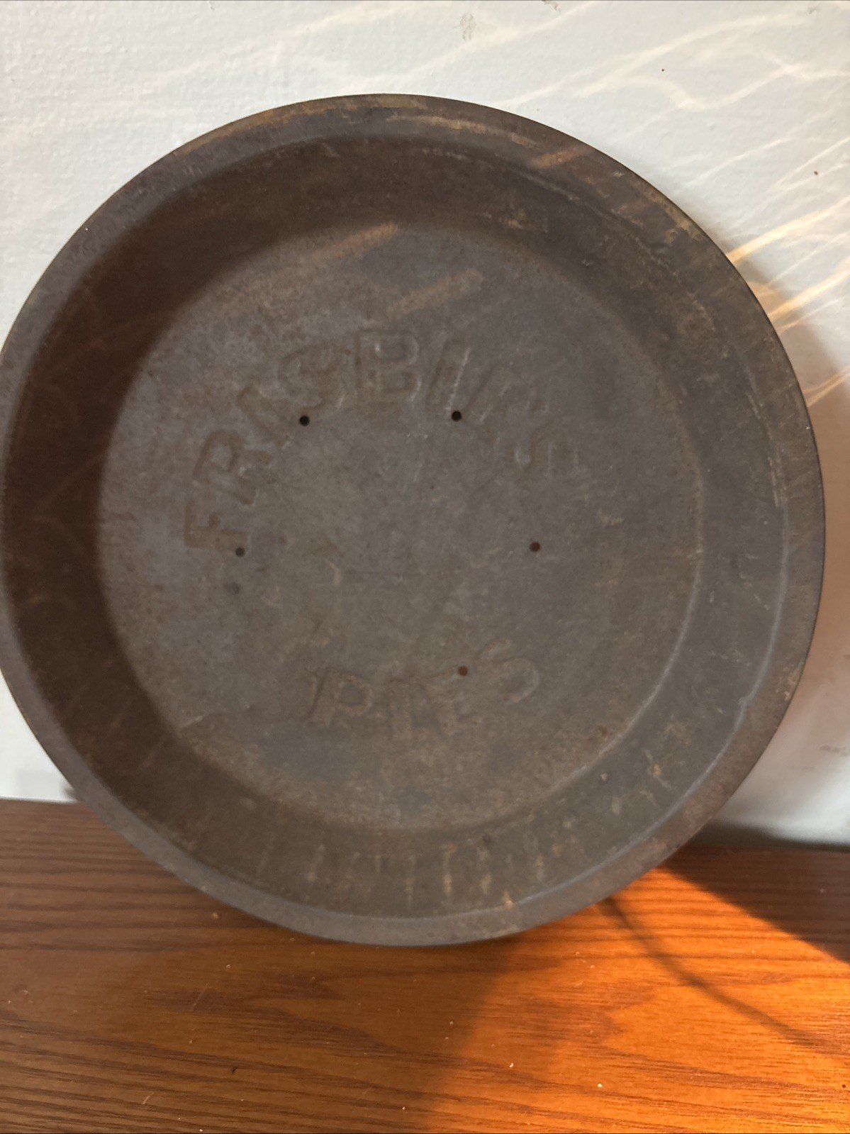 Frisbie’s Pie Tin Big Letters Antique Metal Plate 6 Steam Holes Frisbee Vtg 9”