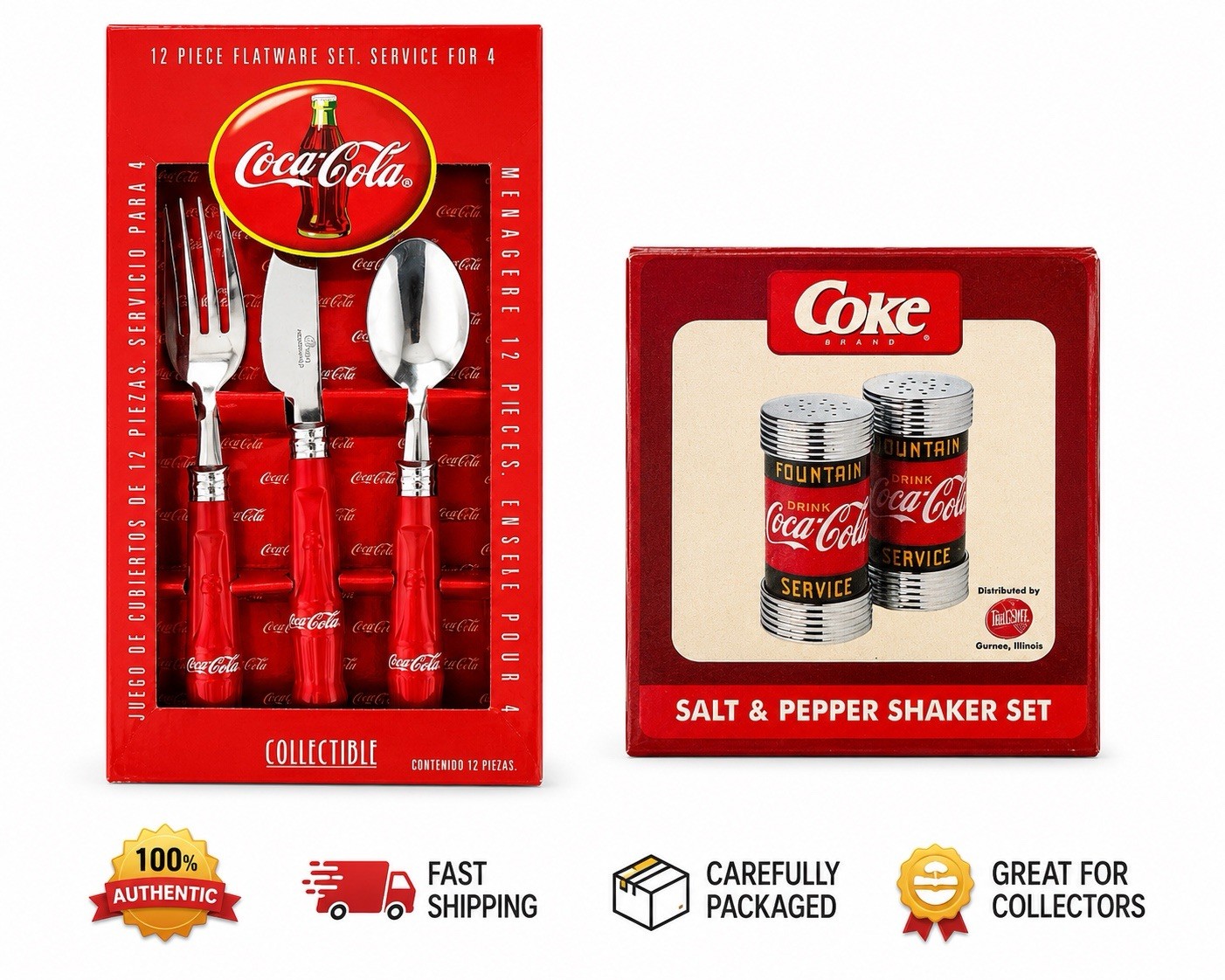 Coca-Cola Coke Collectible Flatware Set & Salt Pepper Shaker Set Bundle Vintage