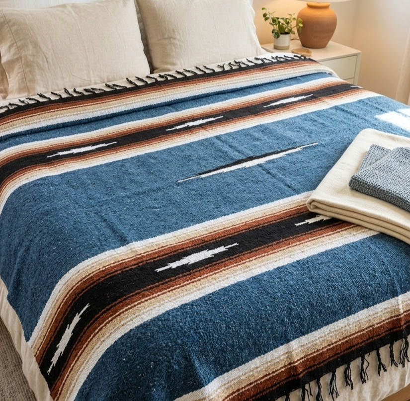 Authentic Mexican Blanket Blue 78x50 NEW Handmade in Mexico | Yoga Blanket Authentic Mexican Blanket Blue 78x50 NEW Handmade in Mexico | Yoga Blanket