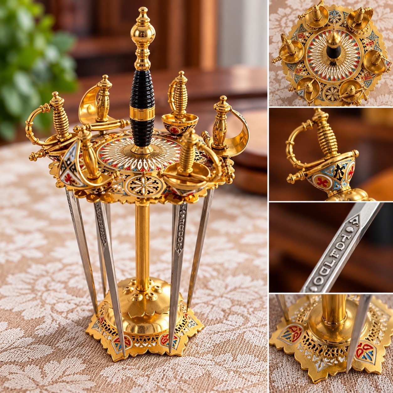 Vintage Toledo Spain Sword Cocktail Picks Set 6 Swords Enamel Gold Tone Stand Vintage Toledo Spain Sword Cocktail Picks Set 6 Swords Enamel Gold Tone Stand