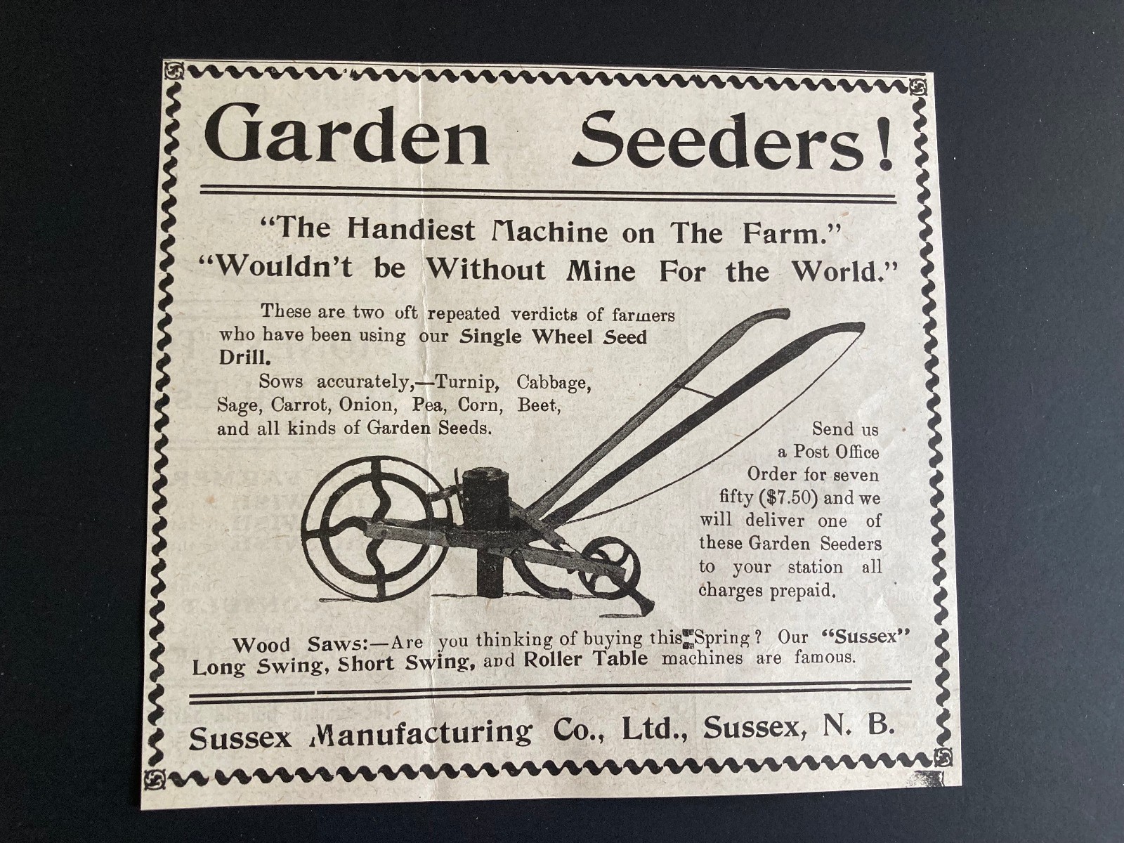 1909 CANADA CANADIAN AD GARDEN SEEDERS FARMING SUSSEX NEW BRUNSWICK