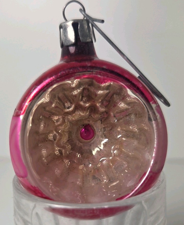 Vintage Polish Glass Christmas Ornament Single Indent Pinwheel Pink Silver 1950s