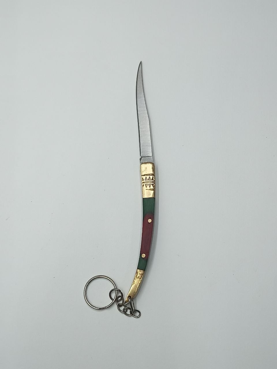 Vintage 1980s Miniature Navaja Pocket Knife Keychain Spain Style Brass & Wood 85