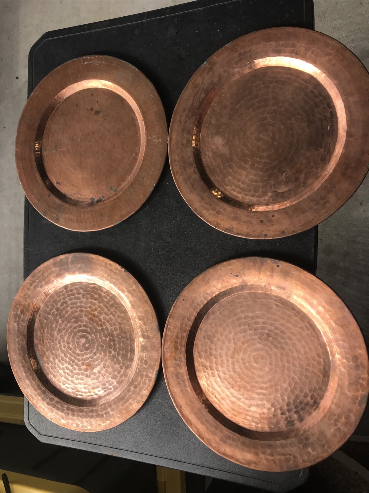 Vintage Set Of 4 Patina Hammered Copper 12” Charger Plates