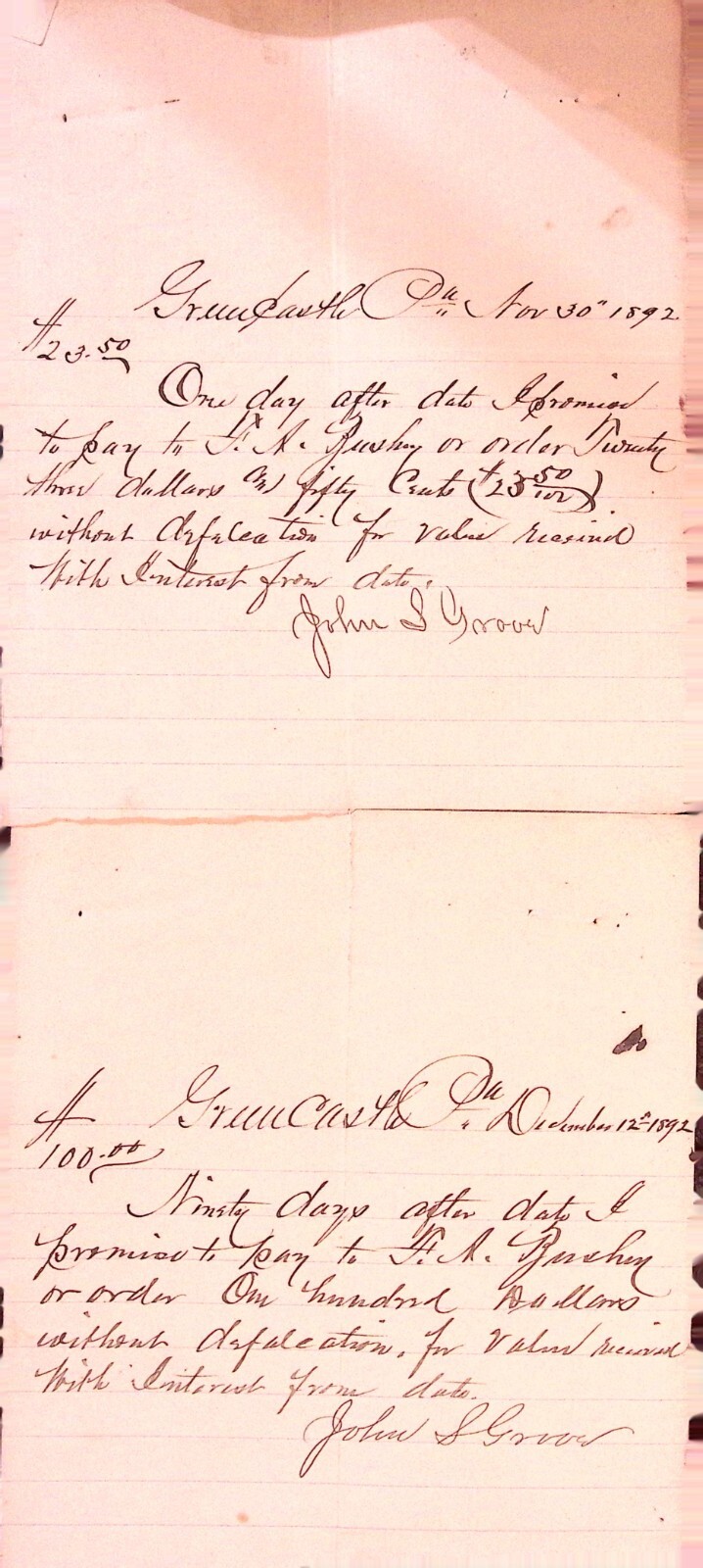 2 Greencastle PA Promissory Notes 1892 John S. Groov H. K. Bushey Handwritten 2 Greencastle PA Promissory Notes 1892 John S. Groov H. K. Bushey Handwritten