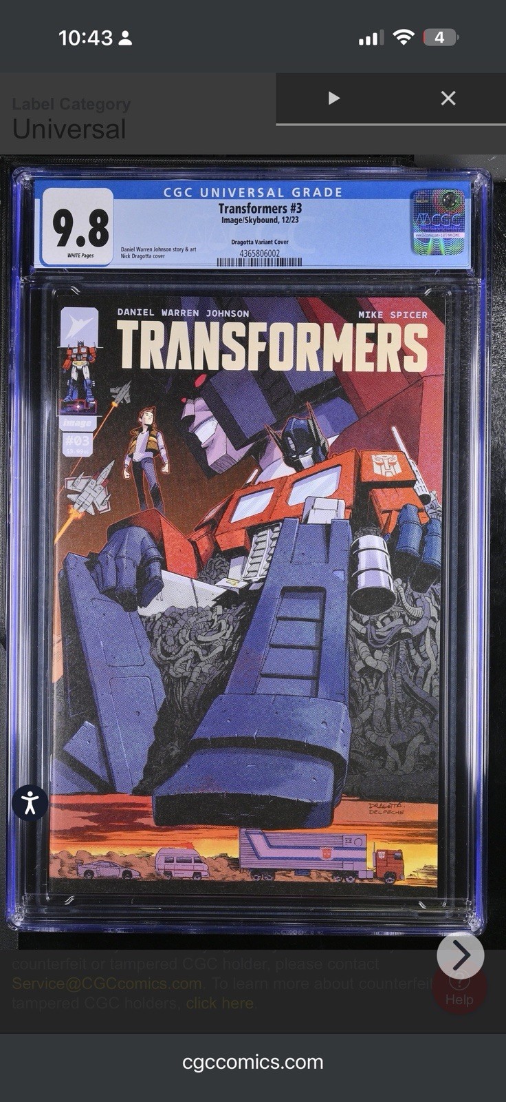 TRANSFORMERS #3 1:50 CGC 9.8 NICK DRAGOTTA VARIANT SUPER RARE LOW POP 17