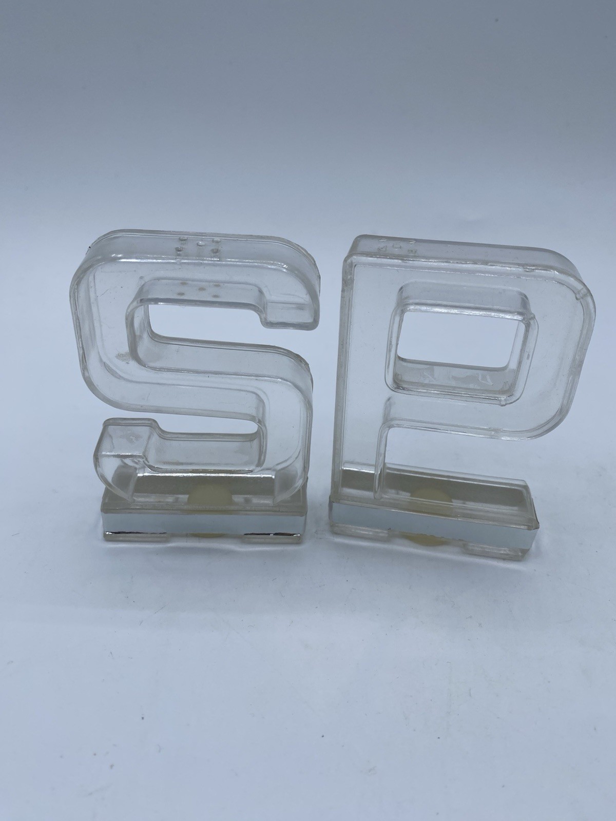 Vintage S & P Letter Clear Plastic Salt And Pepper Shakers Made In Hong Kong MCM Vintage S & P Letter Clear Plastic Salt And Pepper Shakers Made In Hong Kong MCM