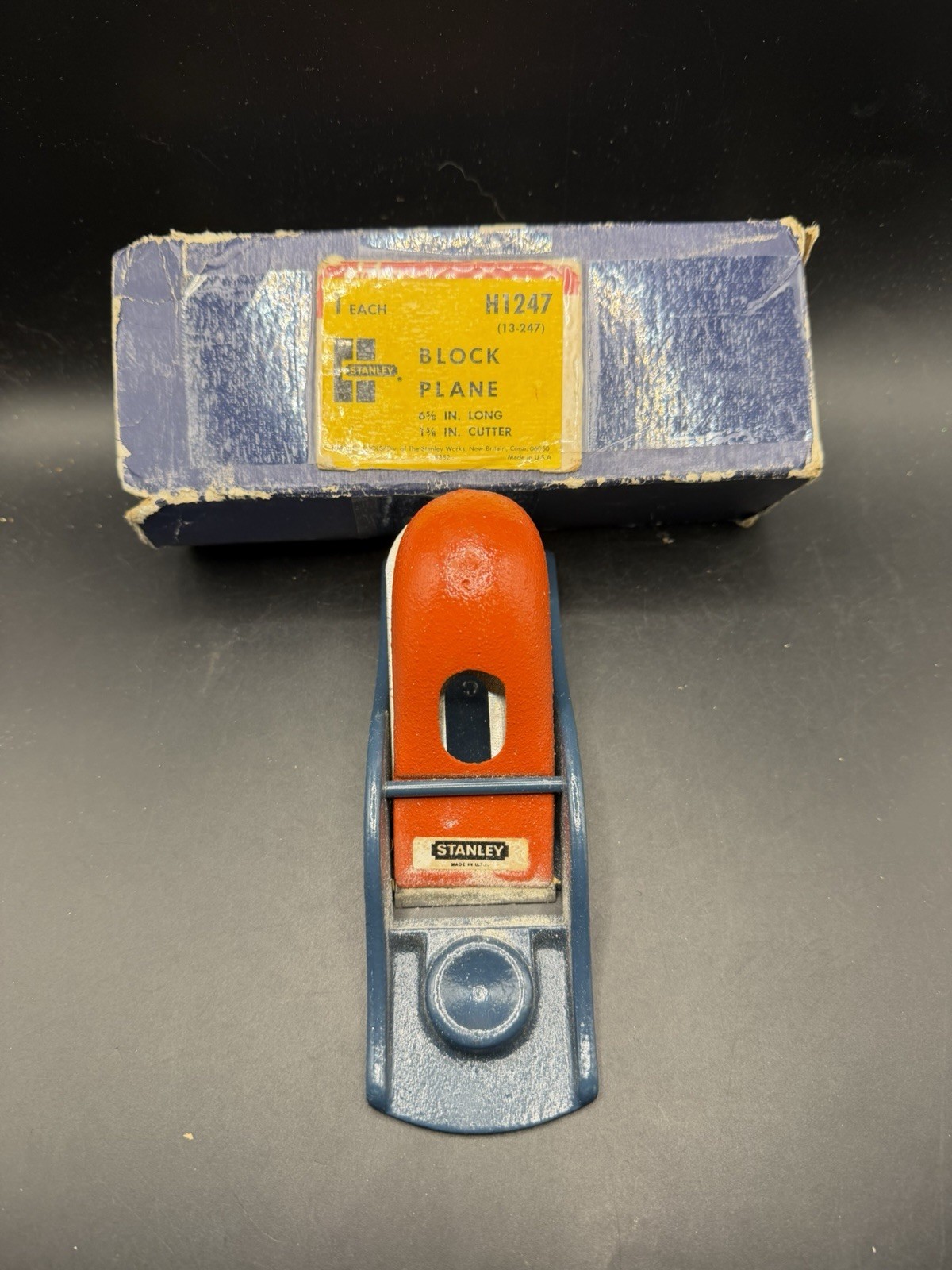 Vintage Stanley Hand Block Plane H1247 13-247 Blue Orange With Box Made In USA