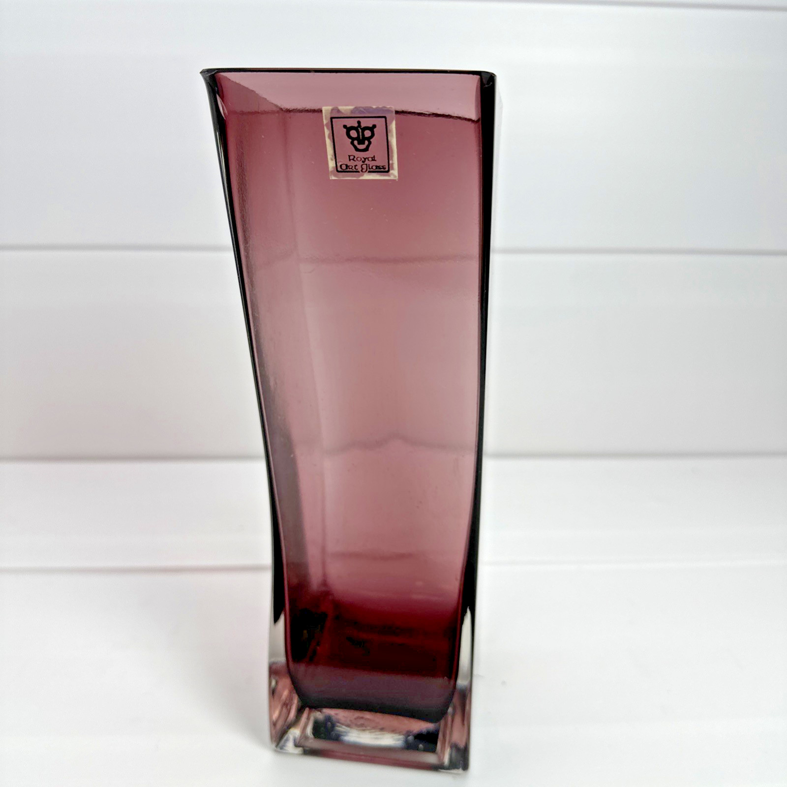 Vintage Royal Art Glass Curved Vase Amethyst Purple With Original Tag MCM