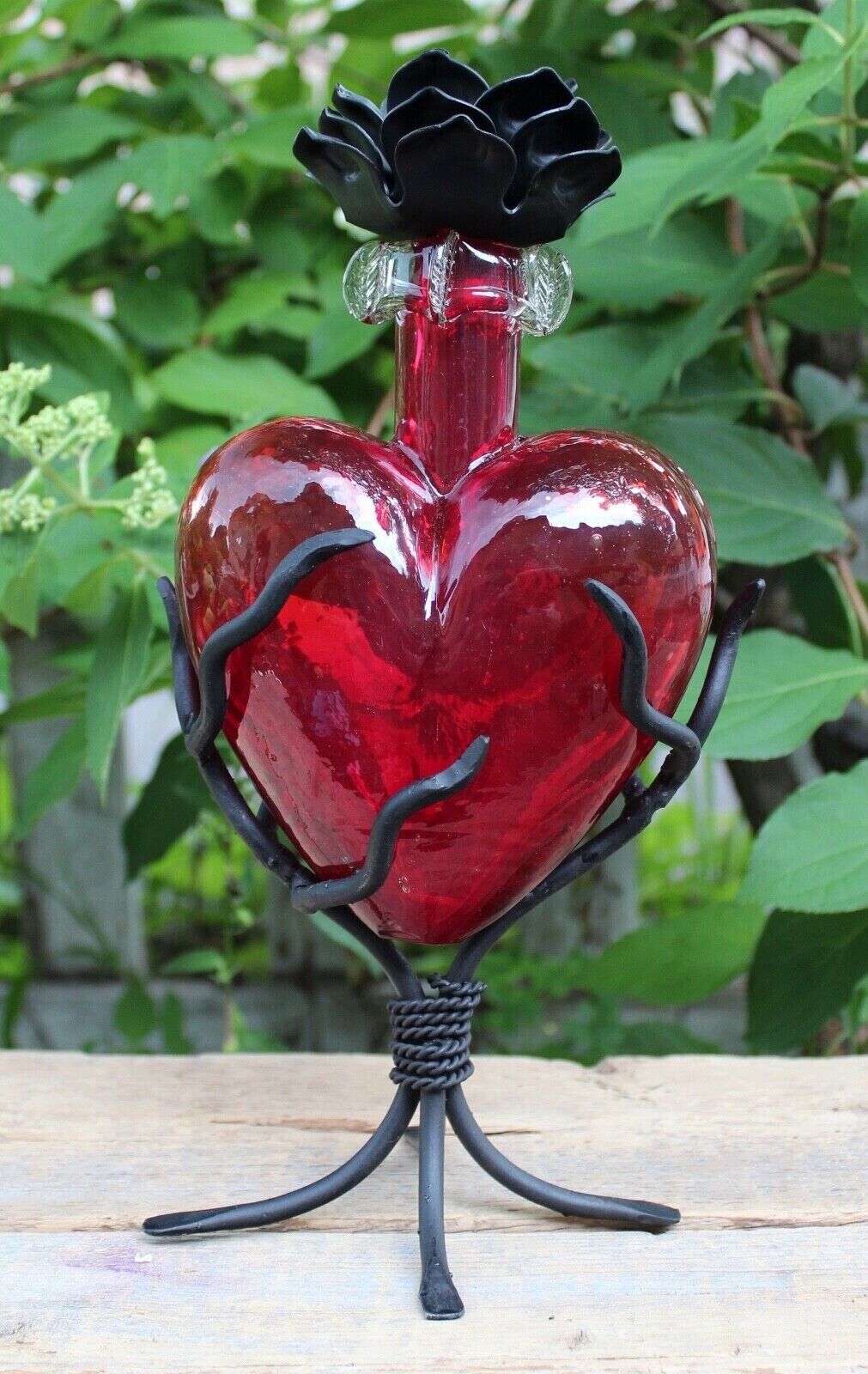 Red Glass Heart Handblown Hand Wrought Iron Stand & Top Decanter Mexico Folk Art
