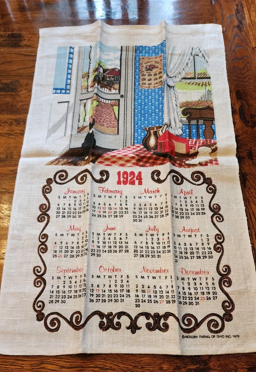 1979 1924? Calendar Linen Tea Towel Hickory Farms Country Scene 16 1/2 x 27 1/2