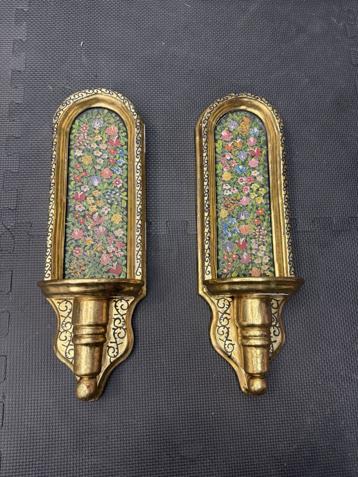 Early 20th Century Santos Hand Painted Wood Gold Mexican Wall Shelf Display x2 Early 20th Century Santos Hand Painted Wood Gold Mexican Wall Shelf Display x2